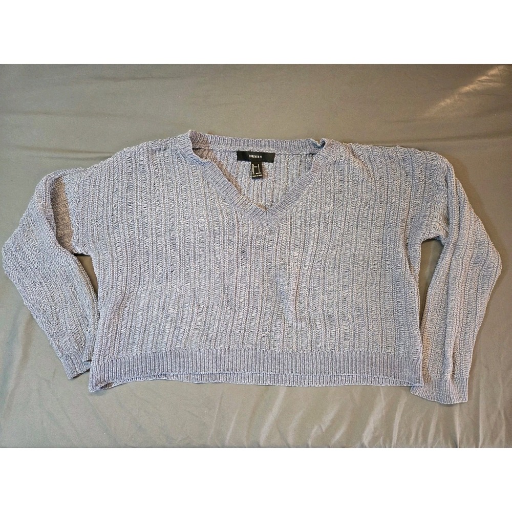 520 Forever 21 Women's Large Textured Knit Sweater Light Blue Cropped Pullover